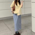 Elbow-sleeve Open-collar Shirt / A-line Midi Skirt