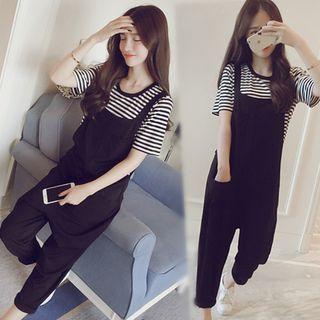 Cropped Jumper Pants / Striped Short-sleeve T-shirt / Long-sleeve T-shirt / Set