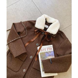 Faux-fur Collar Single-breasted Coat Brown - One Size