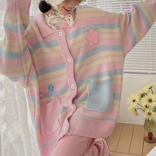 Flower Embroidered Striped Cardigan