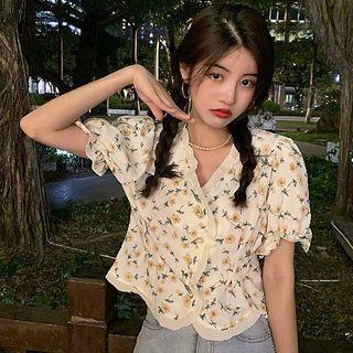 Puff-sleeve V-neck Ruffled Trim Floral Blouse