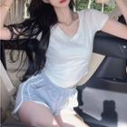 Short-sleeve V-neck Cropped T-shirt T-shirt - White - One Size