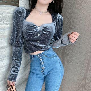 Long-sleeve Dotted Velvet Crop Top