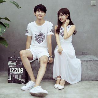 Couple Matching Short-sleeve Print T-shirt / Sleeveless Maxi Dress