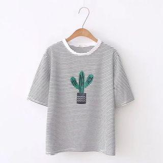Short-sleeve Stripe Cactus Print T-shirt