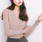 V-neck Button-detail Long-sleeve Top