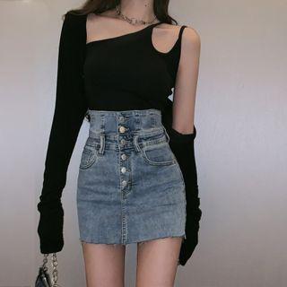 One Shoulder Top / Cardigan / Mini Fitted Denim Skirt