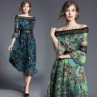 Print Lace Panel Off-shoulder A-line Midi Dress
