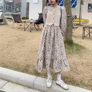 Long-sleeve Floral Midi A-line Dress / Cropped Camisole Top