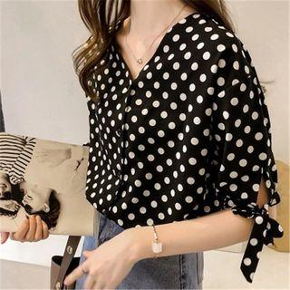 Polka Dot Elbow-sleeve V-neck Blouse