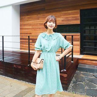 Ruffle-collared Tie-front Floral Midi Dress