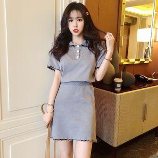 Set: Short-sleeve Contrast Trim Knit Polo Shirt + Mini Skirt