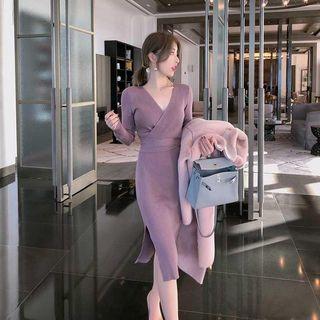 V-neck Ribbed Midi Knit Sheath Dress