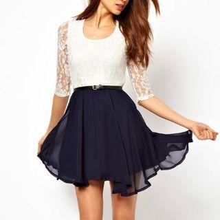 Elbow-sleeve Chiffon Hem Lace Dress
