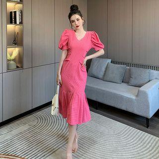 Puff-sleeve Plaid Midi Mermaid Dress