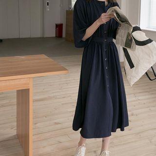Plain Flared-sleeve Midi Shift Dress