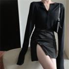 Long-sleeve Buttoned Knit Top / Slit-hem Mini A-line Skirt