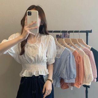 Puff-sleeve Lace Panel Faux Pearl Bow Blouse
