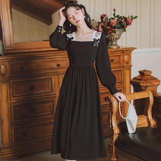Long-sleeve Floral Embroidered Bow Accent Midi A-line Dress