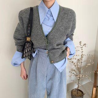 V-neck Single Breasted Cardigan/plain Long-sleeve Shirt