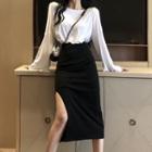 Plain Long-sleeve T-shirt / Side Slit Straight-fit Skirt