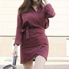 3/4-sleeve Sheath Wrap Dress