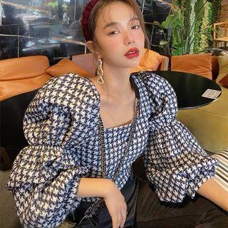 Long-sleeve Square-neck Houndstooth Top Blue - One Size