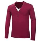 Long Sleeved V-neck Henley Mock Two-piece T-shirt