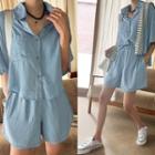 Set: Chambray Shirt + Band-waist Shorts Light Blue - One Size