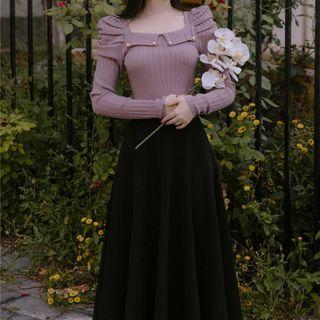 Set: Puff-sleeve Ribbed Knit Top + Midi A-line Skirt