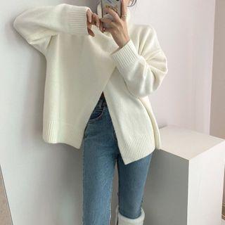 Plain Turtleneck Slited Sweater