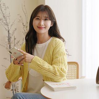 Drop-shoulder Perforated Cable-knit Cardigan