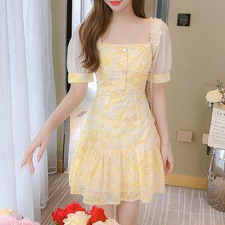 Short-sleeve Square-neck Mini A-line Chiffon Dress