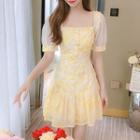 Short-sleeve Square-neck Mini A-line Chiffon Dress
