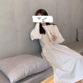 Long-sleeve Midi A-line Dress / Tweed Vest