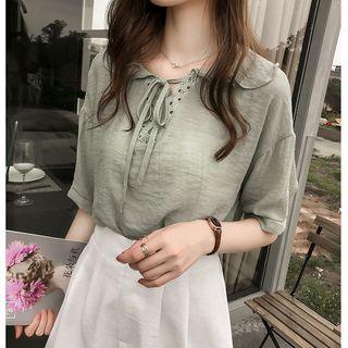 Short-sleeve Eyelet Lace Trim Blouse