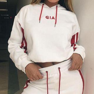 Set: Lettering Two-tone Hoodie + Straight-leg Sweatpants