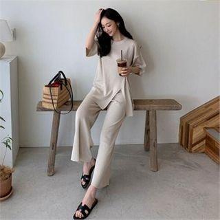 Set: Tie-waist Slit-front Knit Top + Band-waist Pants