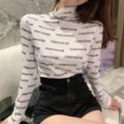 Long-sleeve Mock Neck Lettering Top