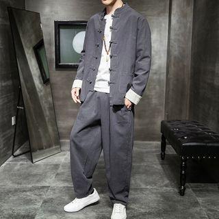 Set: Embroidered Button Shirt + Wide Leg Pants