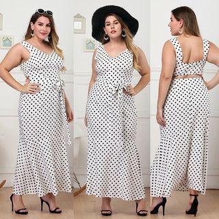 Sleeveless Tie-waist Dotted Sheath Dress