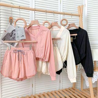 Set: Drawstring-hem V-neck Crop Top + Wide-leg Shorts