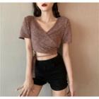 Short-sleeve V-neck Tie-waist Cropped T-shirt Pink - One Size