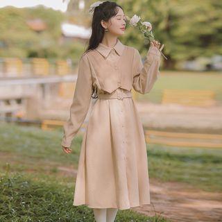 Mock Two-piece Belted Midi A-line Dress