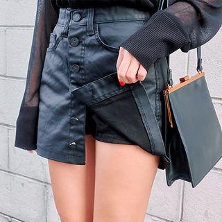 Button-front Wet-look Mini Skort