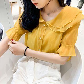 Short-sleeve Peter Pan Collar Ruffle Chiffon Shirt