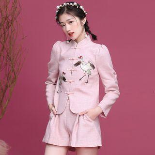 Traditional Chinese Set: Crane Embroidery Frog Buttoned Jacket + Shorts