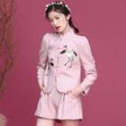 Traditional Chinese Set: Crane Embroidery Frog Buttoned Jacket + Shorts
