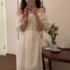 Elbow-sleeve Off-shoulder Midi A-line Dress Almond - One Size