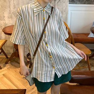Elbow-sleeve Striped Shirt Stripes - Green & White - One Size